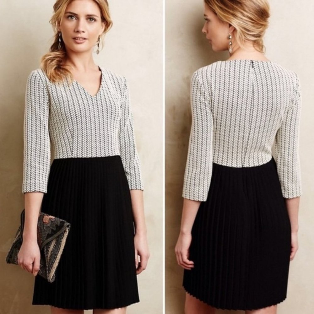 Anthropologie Ganni Black and White Crossknit Herringbone Pleated Dress - Small